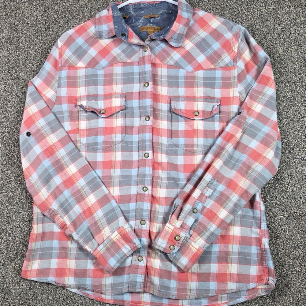 Jachs Girlfriend BEA Plaid Western Snap Shirt‎ Women Large Pink Blue Long Sleeve